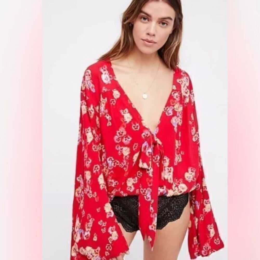 Free People Intimately Red Floral Forties Feels Bodysuit Bell Sleeve XS